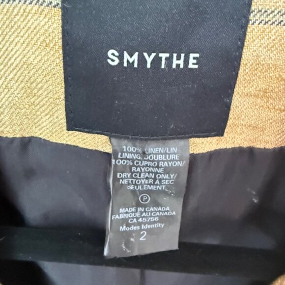 Chic Pre-Loved Smythe Tan & Navy Burlap Plaid Linen Duchess Blazer - Women's 2 - Picture 6 of 12